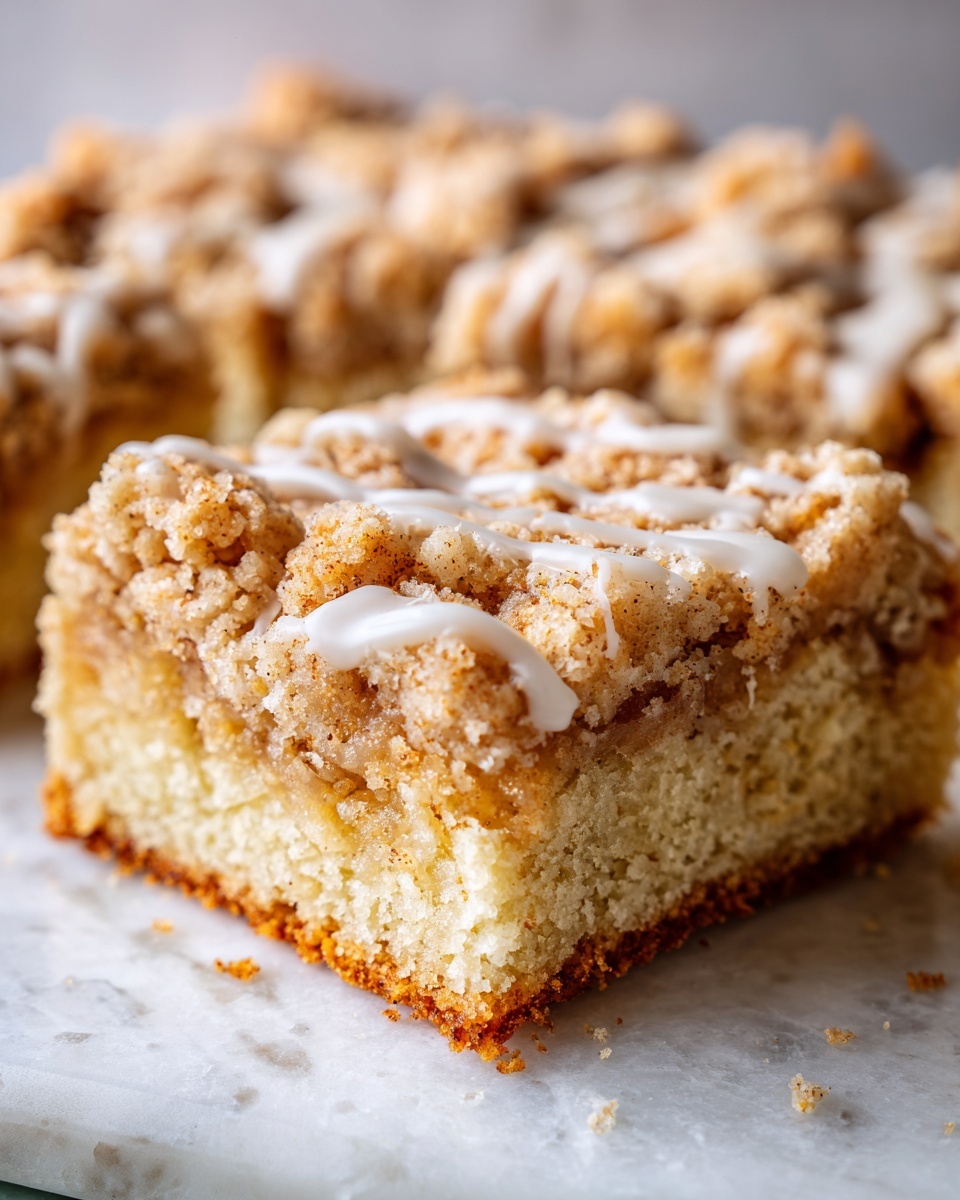 A close-up shot of a square portion of apple pie bars featuring a thick crumb topping and white icing drizzle.