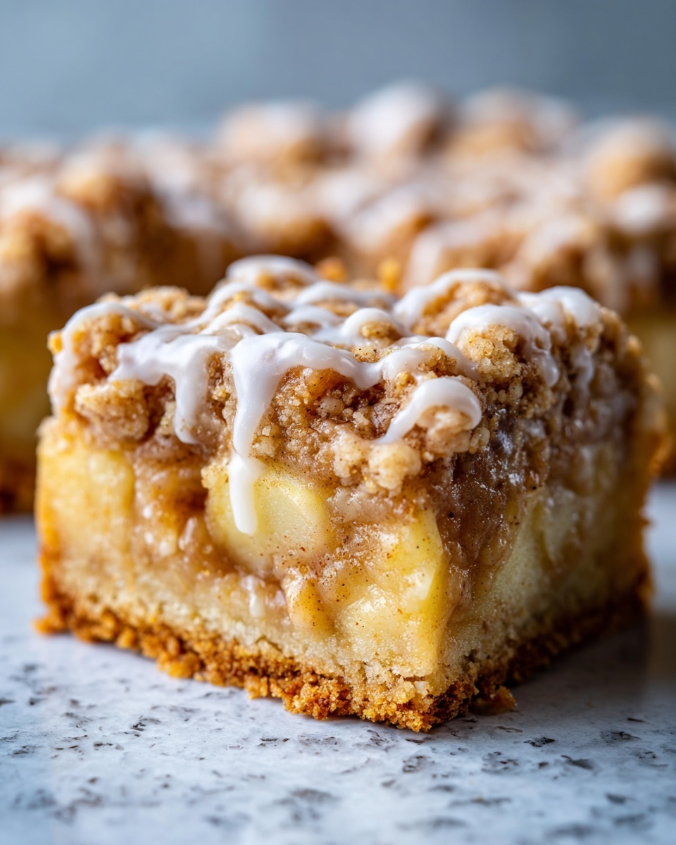 A close-up, cross-section view of a single serving of apple pie bars showing the crust, apple filling, and crumb topping with white icing.