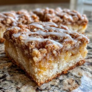 A close-up, tempting view of a single serving of apple pie bars with a crumb topping and white icing drizzle.