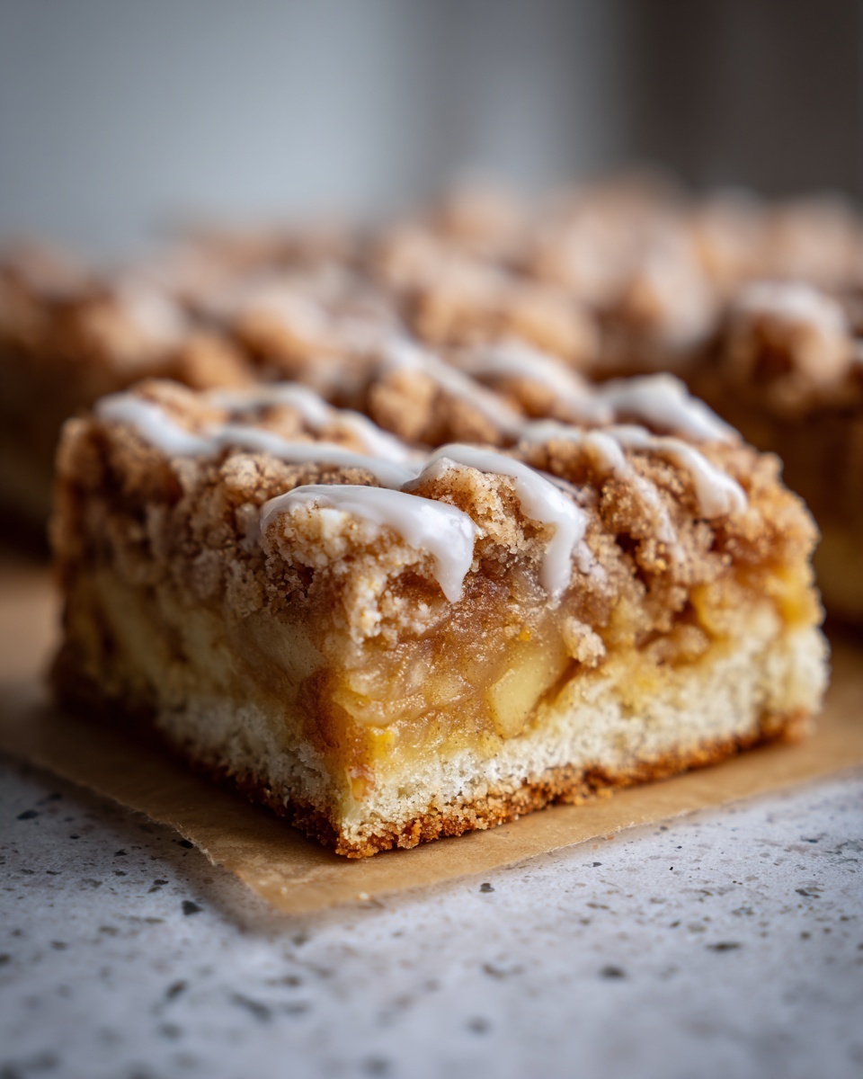 A close-up of a single serving of apple pie bars featuring a thick apple filling, crumble topping, and white icing drizzle.