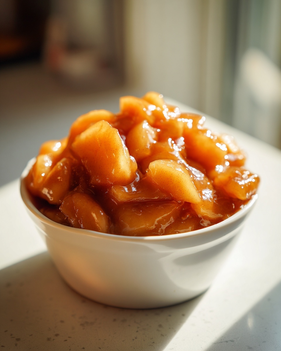 Close-up of rich, spiced apple pie filling made with cinnamon-flecked apple slices in a white bowl.