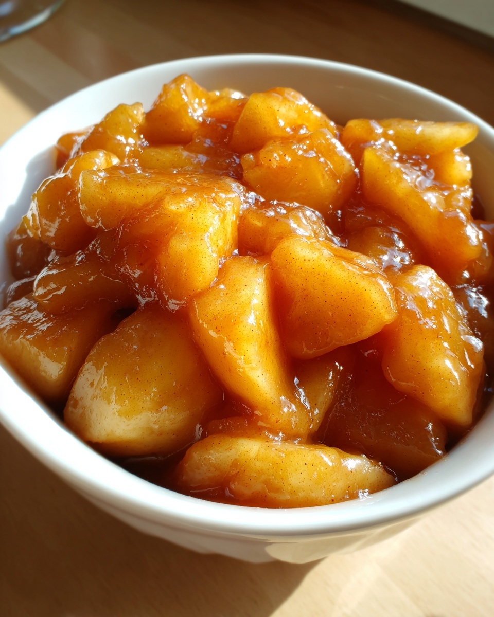 Close-up of chunky, caramelized apple pie filling coated in a thick, spiced sauce inside a white bowl.