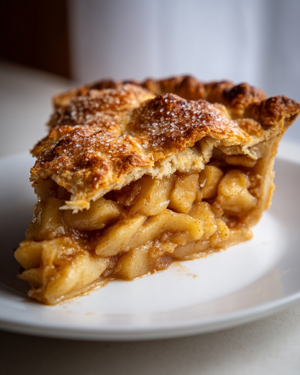 Close-up of a thick slice of apple pie recipe showing cinnamon-spiced filling and a golden, sugared crust.
