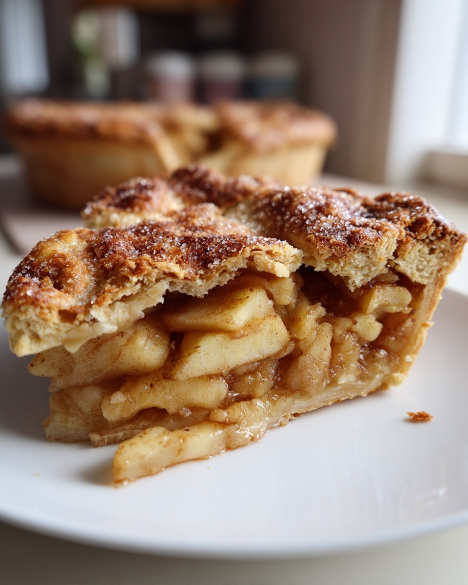 Close-up of a thick slice of apple pie recipe showing cinnamon-spiced apples and a flaky, sugared crust.