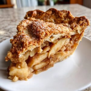 Close-up of a thick slice of apple pie recipe showing tender cinnamon apples and a sugary, crumbly top crust.