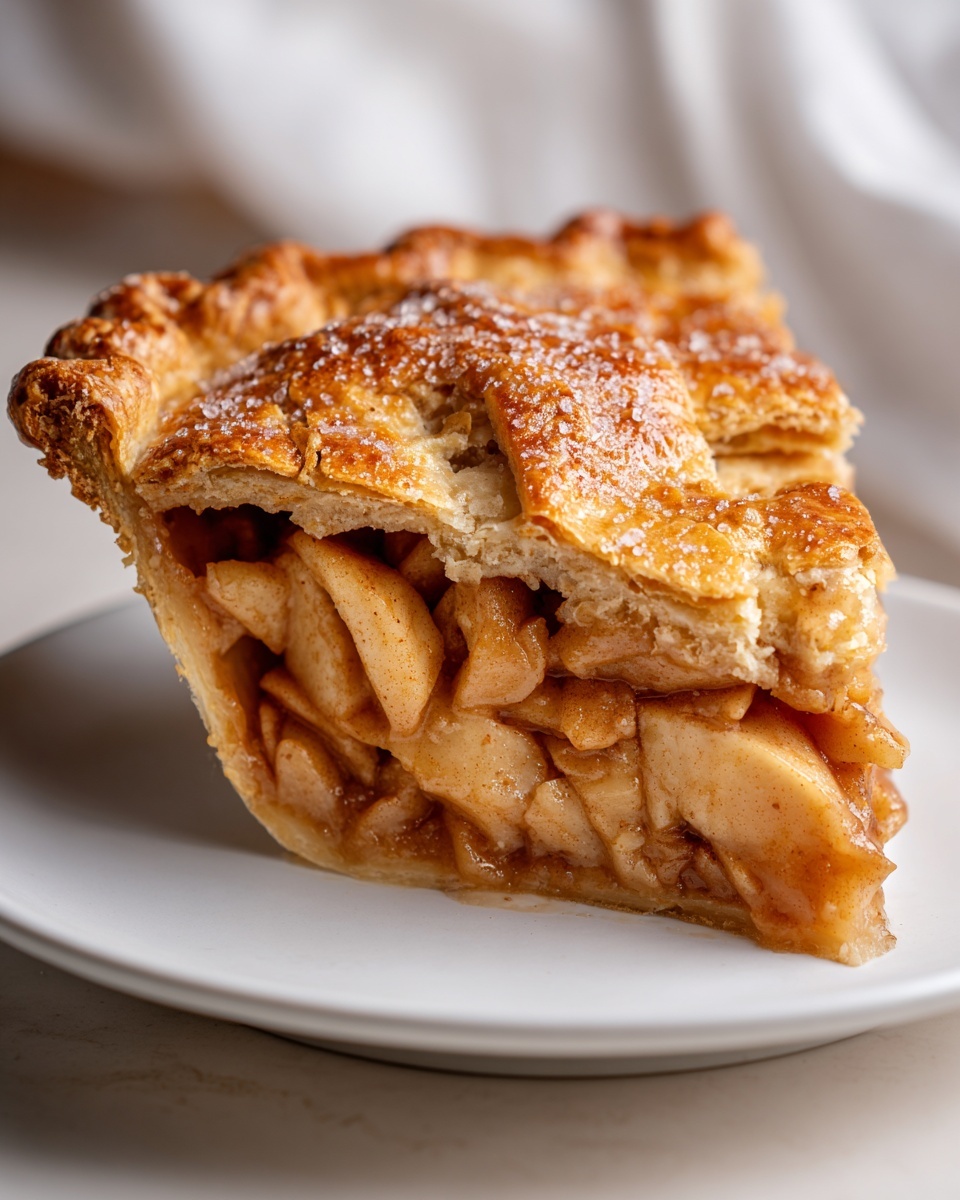 Close-up of a thick slice of apple pie recipe showing layered, spiced apple filling and a golden lattice crust sprinkled with sugar.