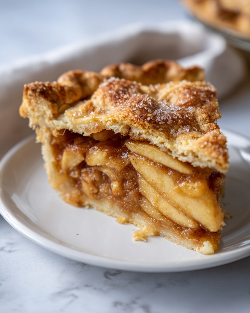 Close-up of a thick slice of apple pie recipe showing layered, spiced apples and a golden, sugared crust.