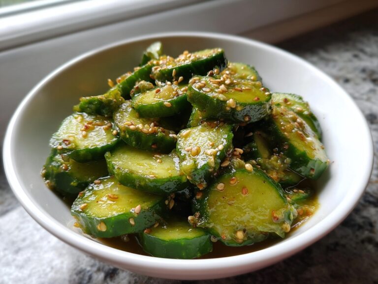Close-up of sliced cucumbers marinated in a savory dressing and topped with toasted sesame seeds, ready to serve as asian cucumber salad.