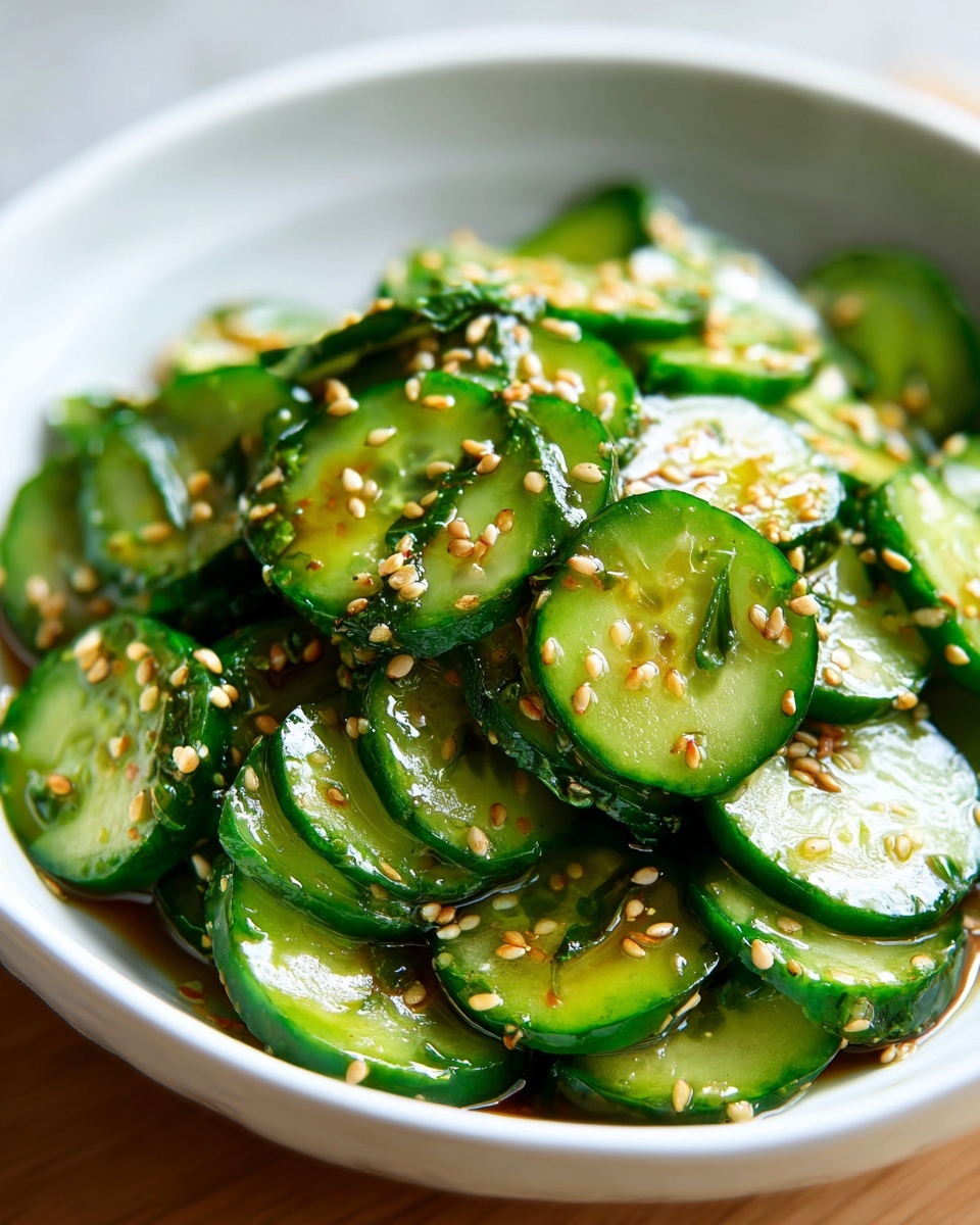 Close-up of thinly sliced cucumbers glistening in a savory dressing, topped with toasted sesame seeds, part of an asian cucumber salad.