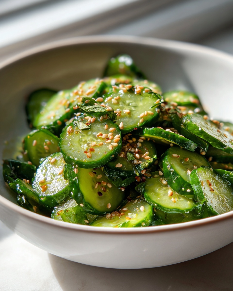 Close-up of sliced cucumbers in a bowl, dressed and topped with sesame seeds for an asian cucumber salad.
