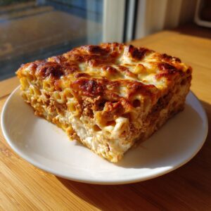 A square slice of baked ziti with a golden-brown, cheesy top served on a white plate.
