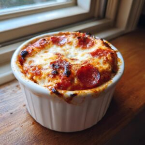 A close-up of a baked cottage cheese pizza bowl topped with melted, bubbly cheese and pepperoni slices.