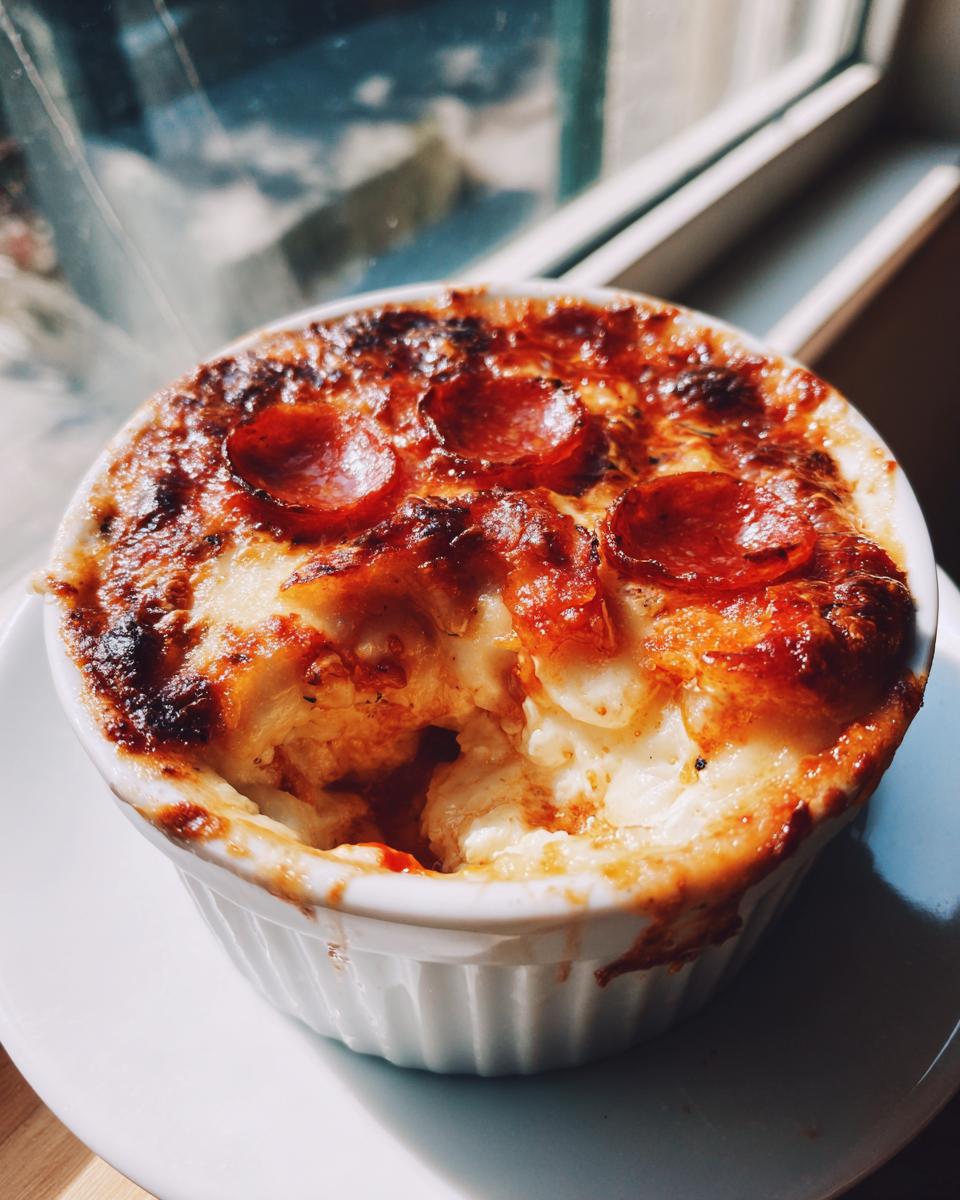 Close-up of a baked cottage cheese pizza bowl topped with melted, browned cheese and pepperoni slices.