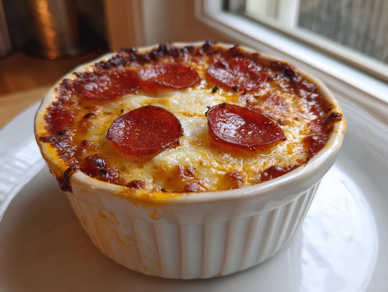 Close-up of a baked cottage cheese pizza bowl topped with melted cheese and pepperoni slices.