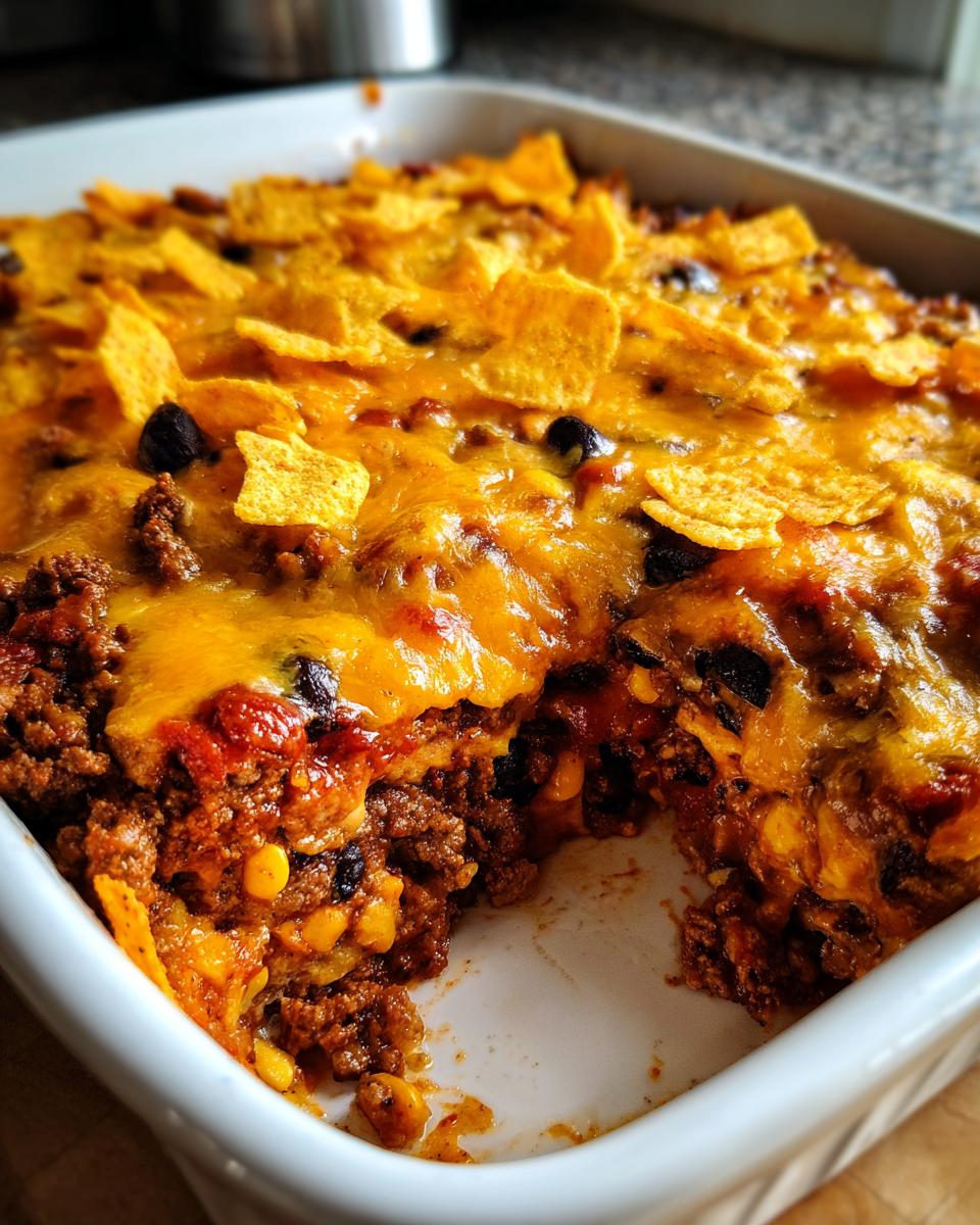 Close-up of a baked Frito pie casserole in a white dish, showing melted cheese, ground meat, corn, and Fritos chips.