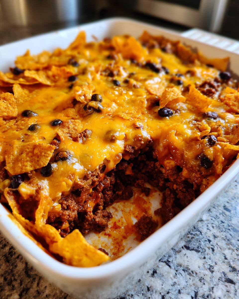 Close-up of a baked frito pie casserole in a white dish, showing ground meat, black beans, and melted cheddar cheese over corn chips.