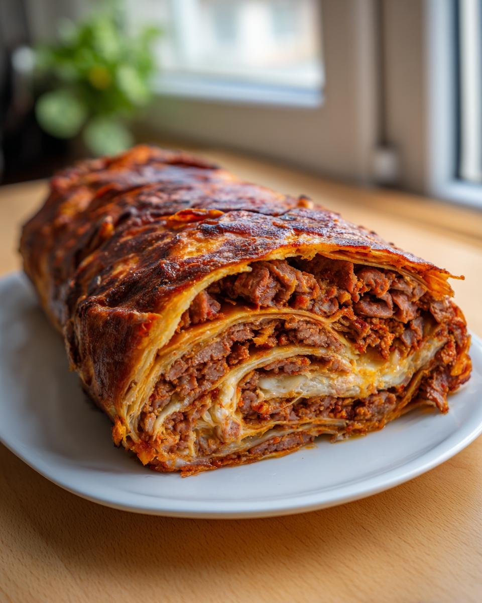 Cross-section of a baked pastry roll stuffed with seasoned meat filling, resembling homemade doner kebab.