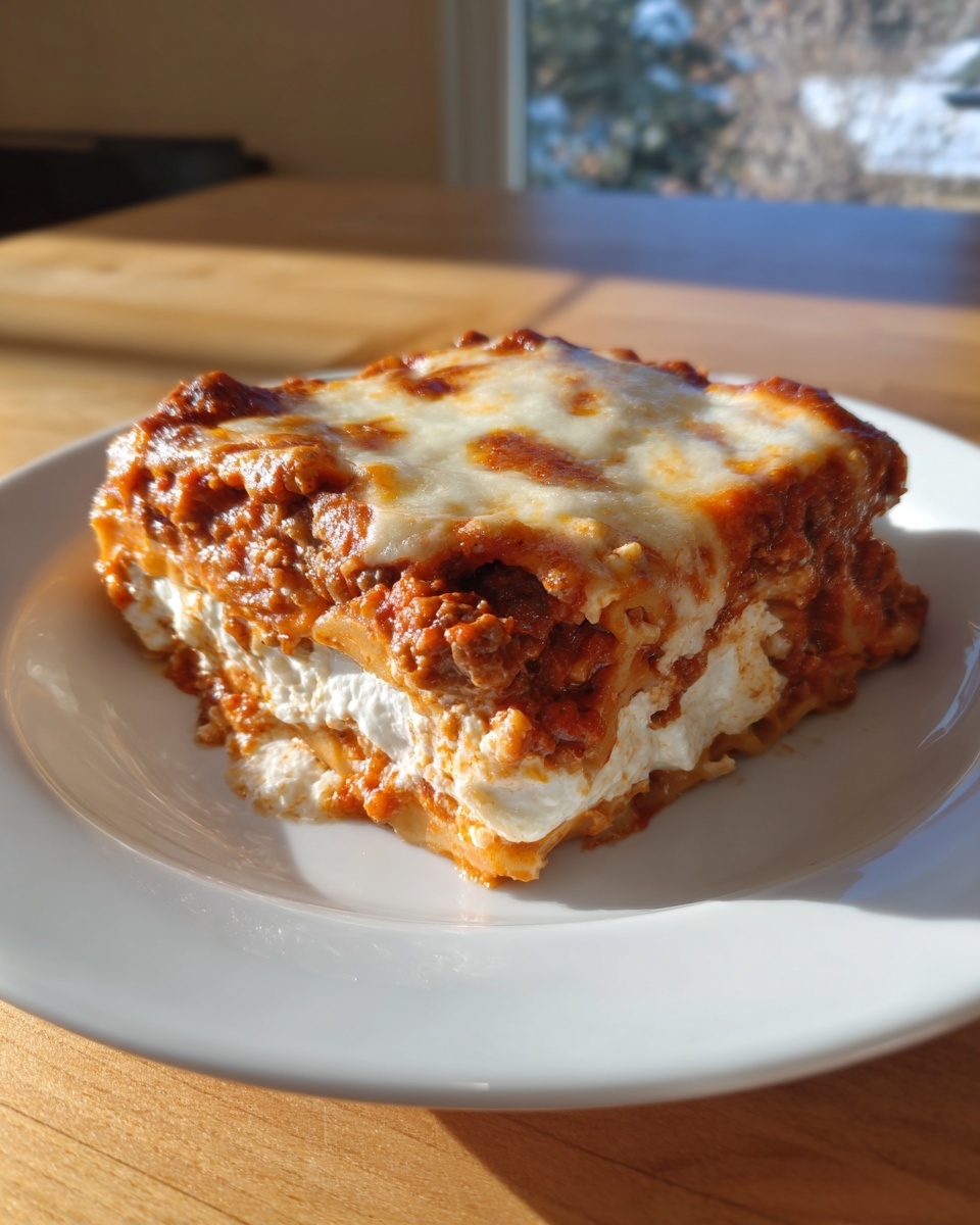 A thick, square slice of baked ziti layered with meat sauce and creamy ricotta cheese, topped with melted mozzarella.