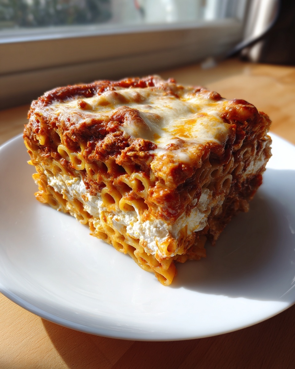 A square serving of baked ziti layered with ricotta and topped with melted mozzarella and meat sauce.