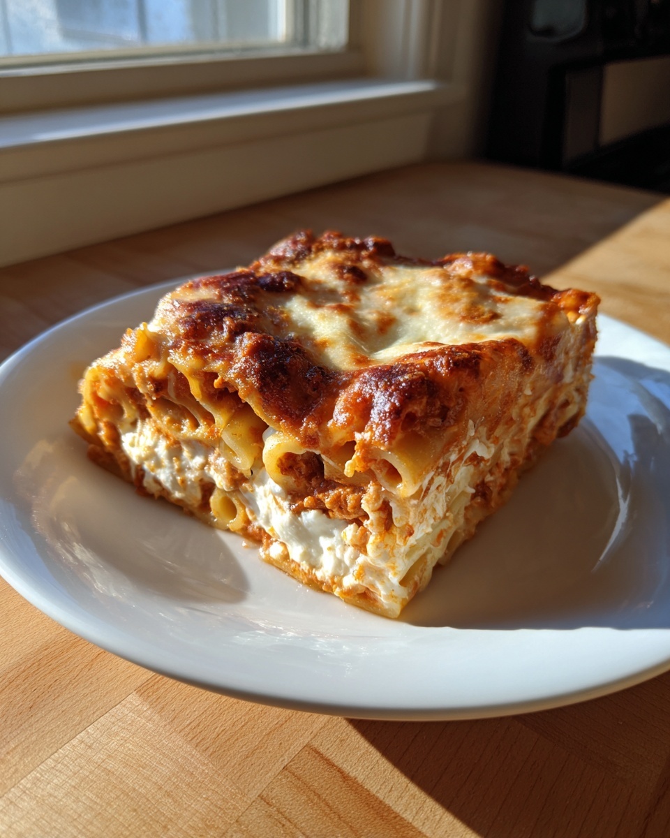 A hearty slice of baked ziti pasta layered with ricotta and meat sauce, featuring a golden-brown, cheesy top.