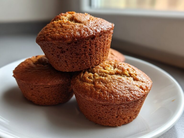 A stack of three golden-brown banana protein muffins resting on a white plate near a window.