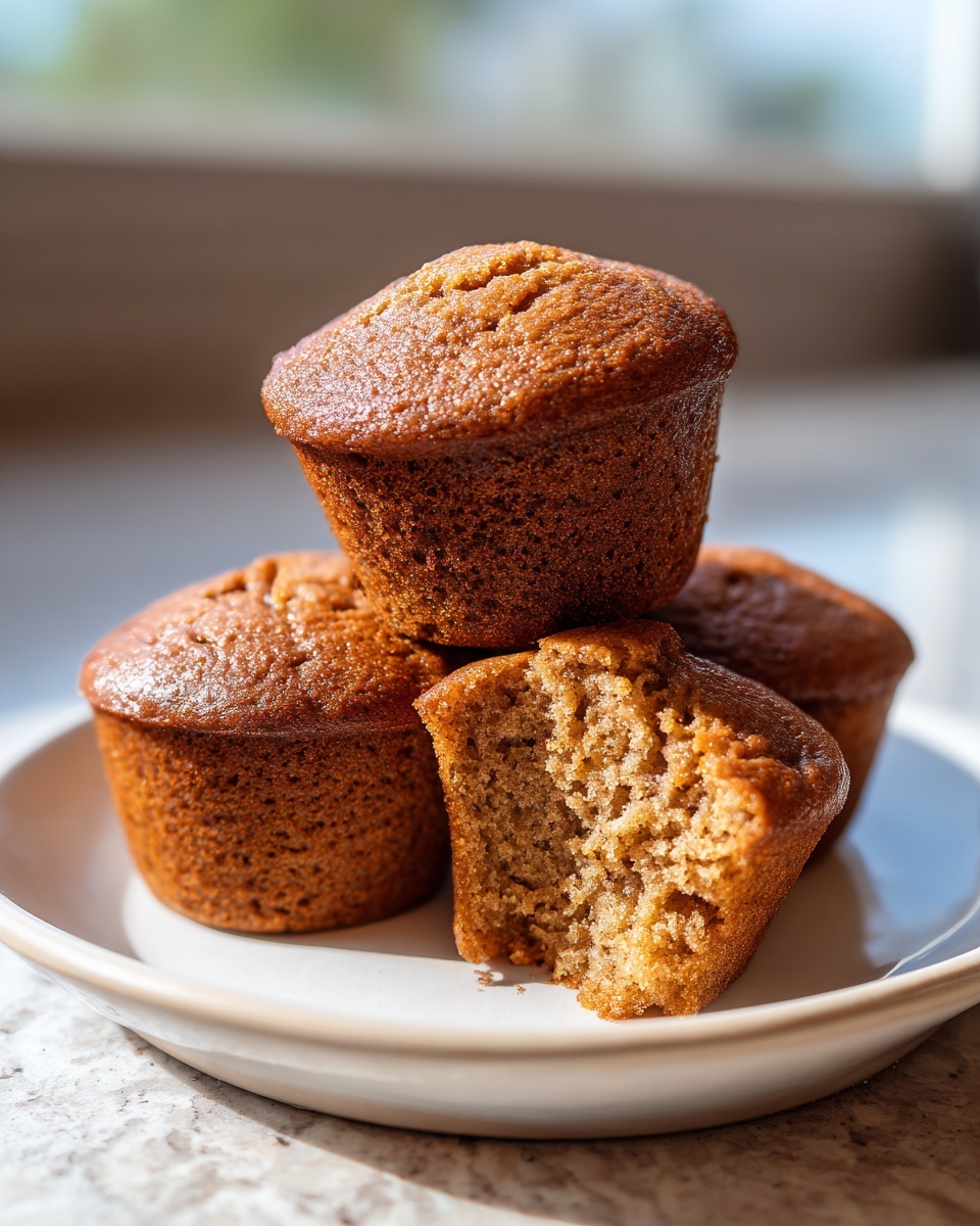 A stack of golden brown banana protein muffins, one broken open to show the moist interior texture.