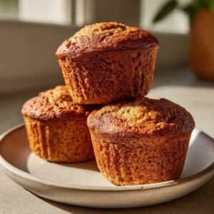 Three golden-brown banana protein muffins stacked on a rustic plate, beautifully lit by natural sunlight.