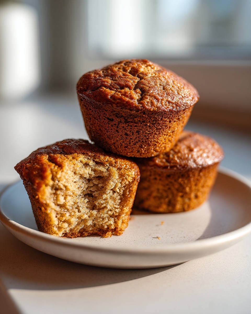 Three golden brown banana protein muffins stacked on a light plate, one with a bite taken out showing the moist interior.