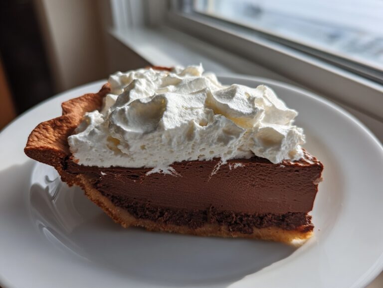 A perfect slice of rich chocolate cream pie topped high with fluffy whipped cream on a white plate.