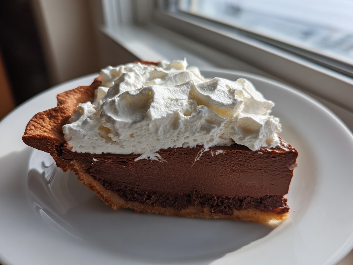 A perfect slice of rich chocolate cream pie topped high with fluffy whipped cream on a white plate.