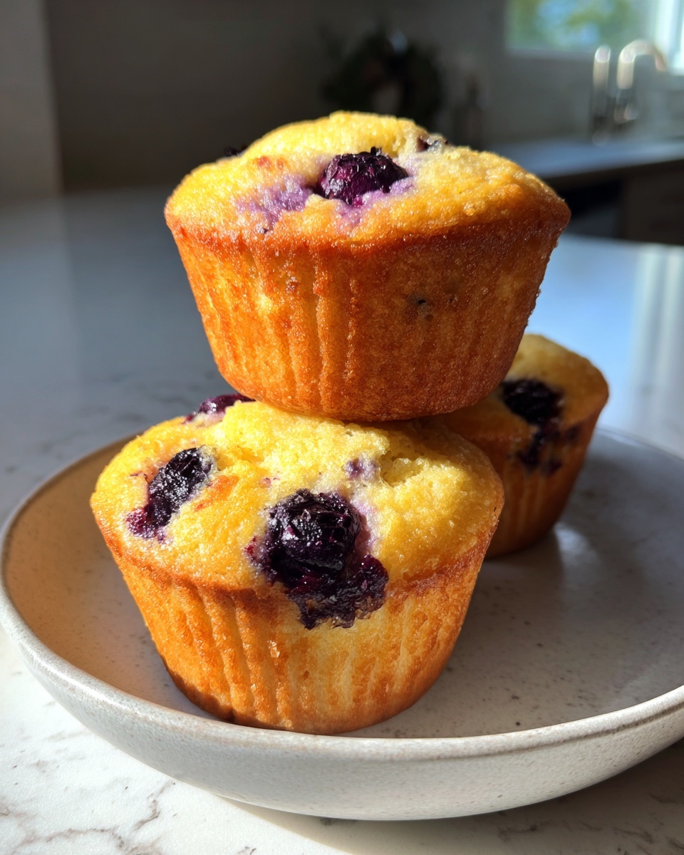 Three golden-brown blueberry cottage cheese muffins stacked on a speckled grey plate in bright sunlight.