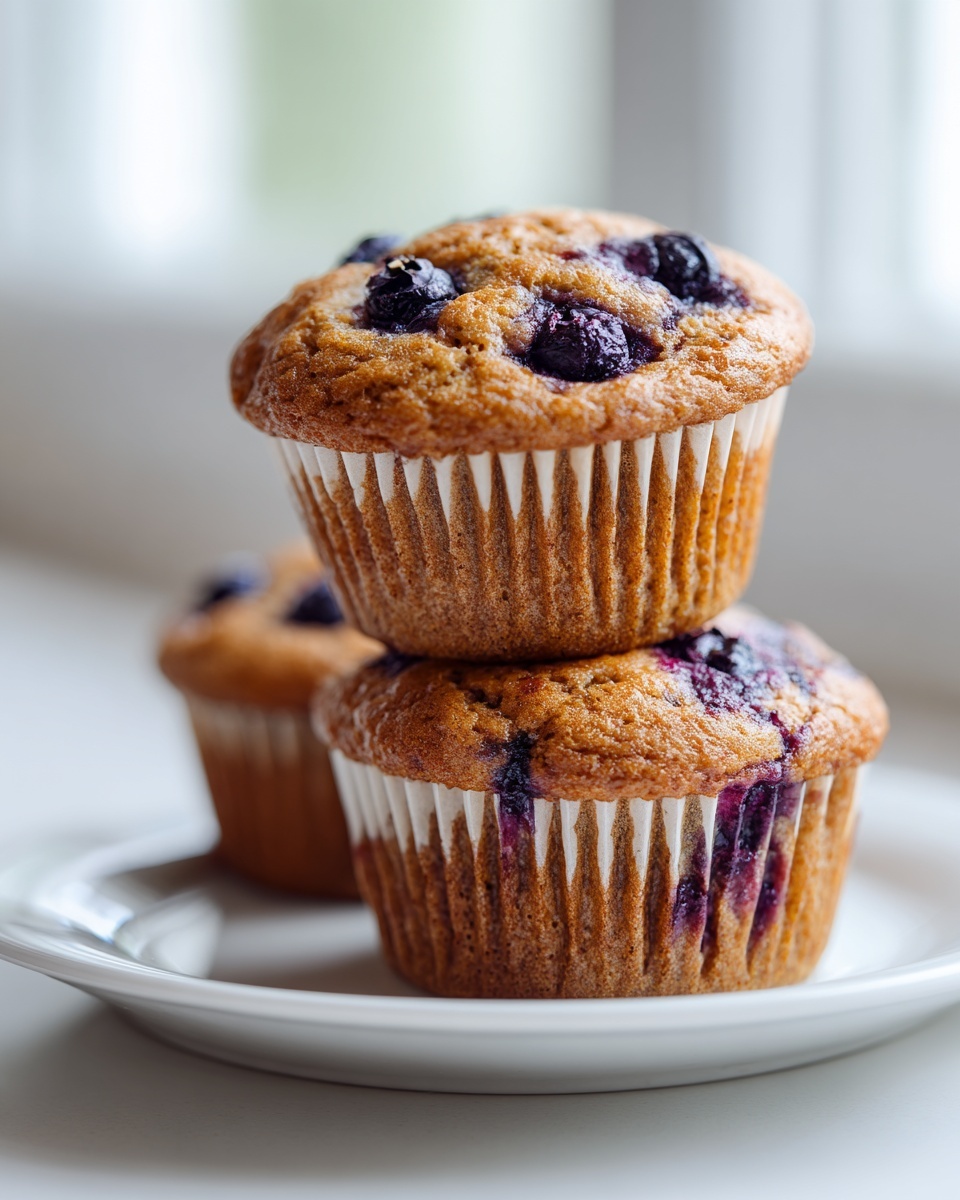 Two blueberry cottage cheese muffins stacked on a white plate, with another blurred in the background.