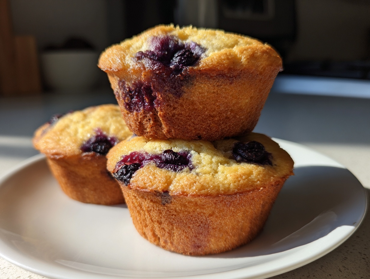 Three golden-brown blueberry cottage cheese muffins stacked on a white plate in bright sunlight.