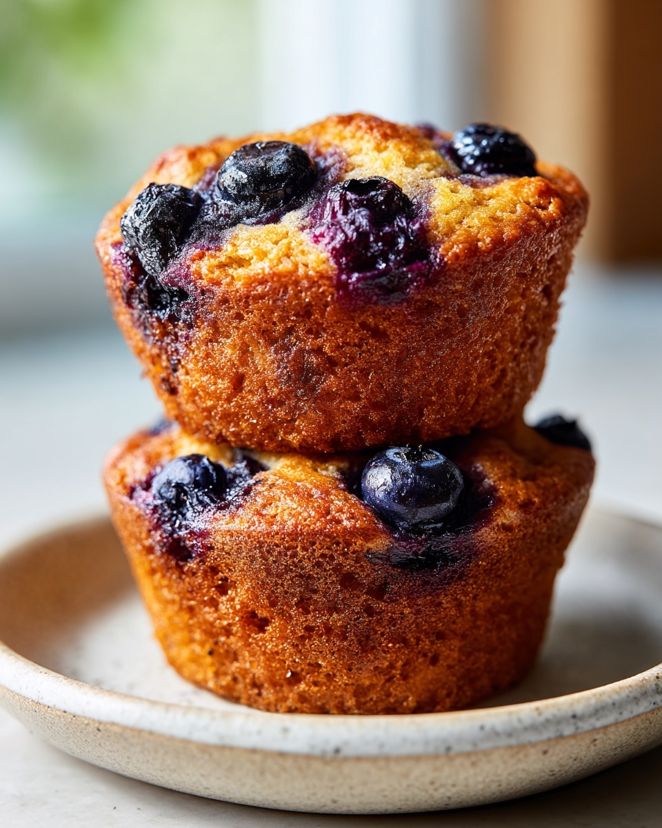 Two golden brown blueberry cottage cheese muffins stacked on a speckled ceramic plate.