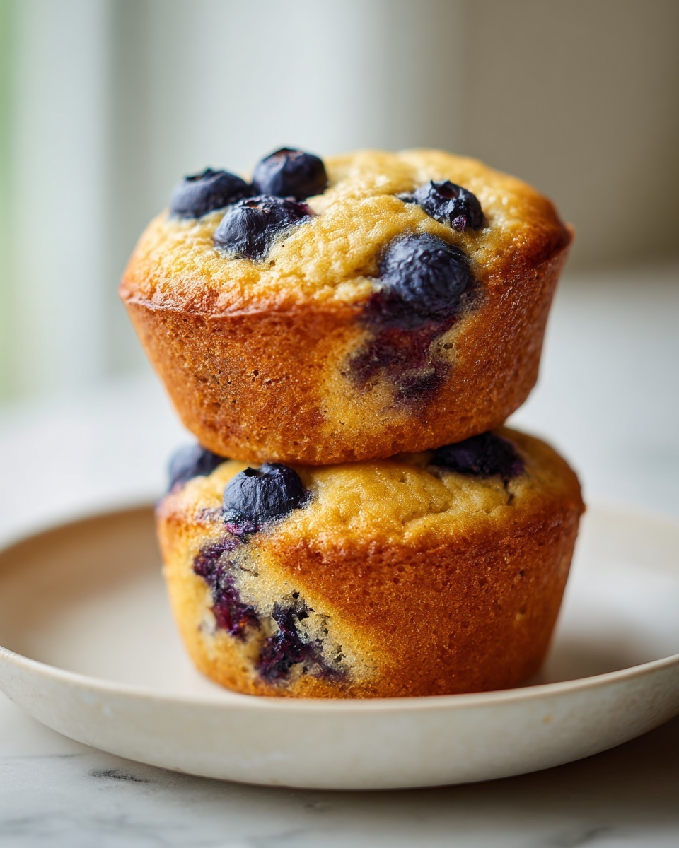 Two golden brown blueberry cottage cheese muffins stacked on a light-colored plate, close-up.
