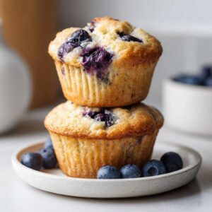 Two golden brown blueberry cottage cheese muffins stacked on a small plate with fresh blueberries.