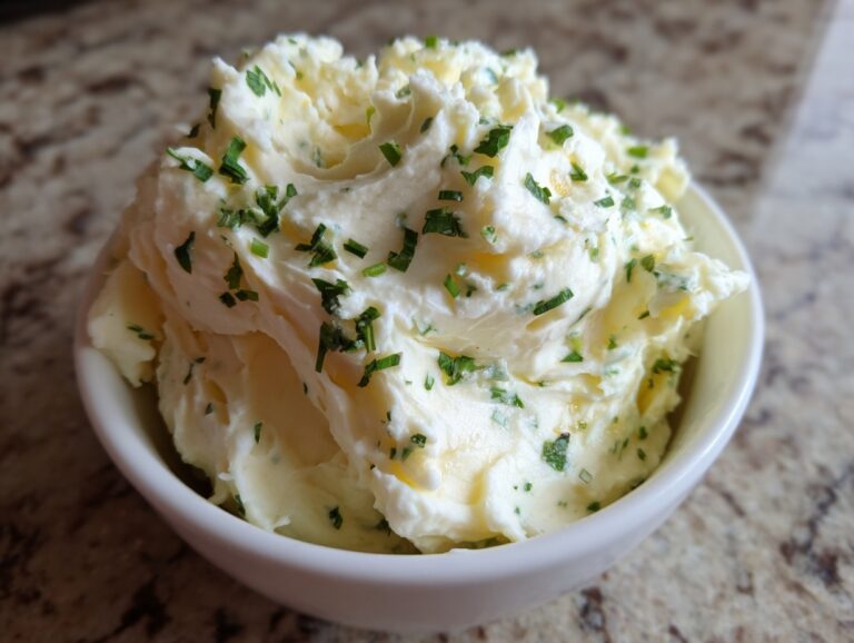A close-up of fluffy boursin mashed potatoes swirled high in a white bowl, topped with fresh chopped chives.