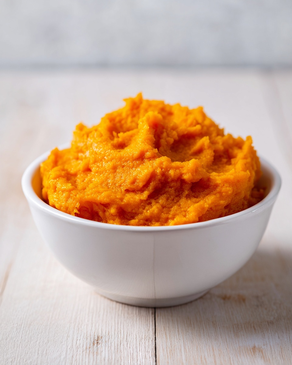 A white bowl filled with vibrant, thick pumpkin puree sitting on a light wooden surface.