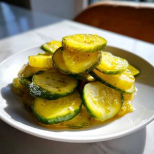 Close-up of stacked, glossy, yellow-green bread and butter pickle slices on a white plate.