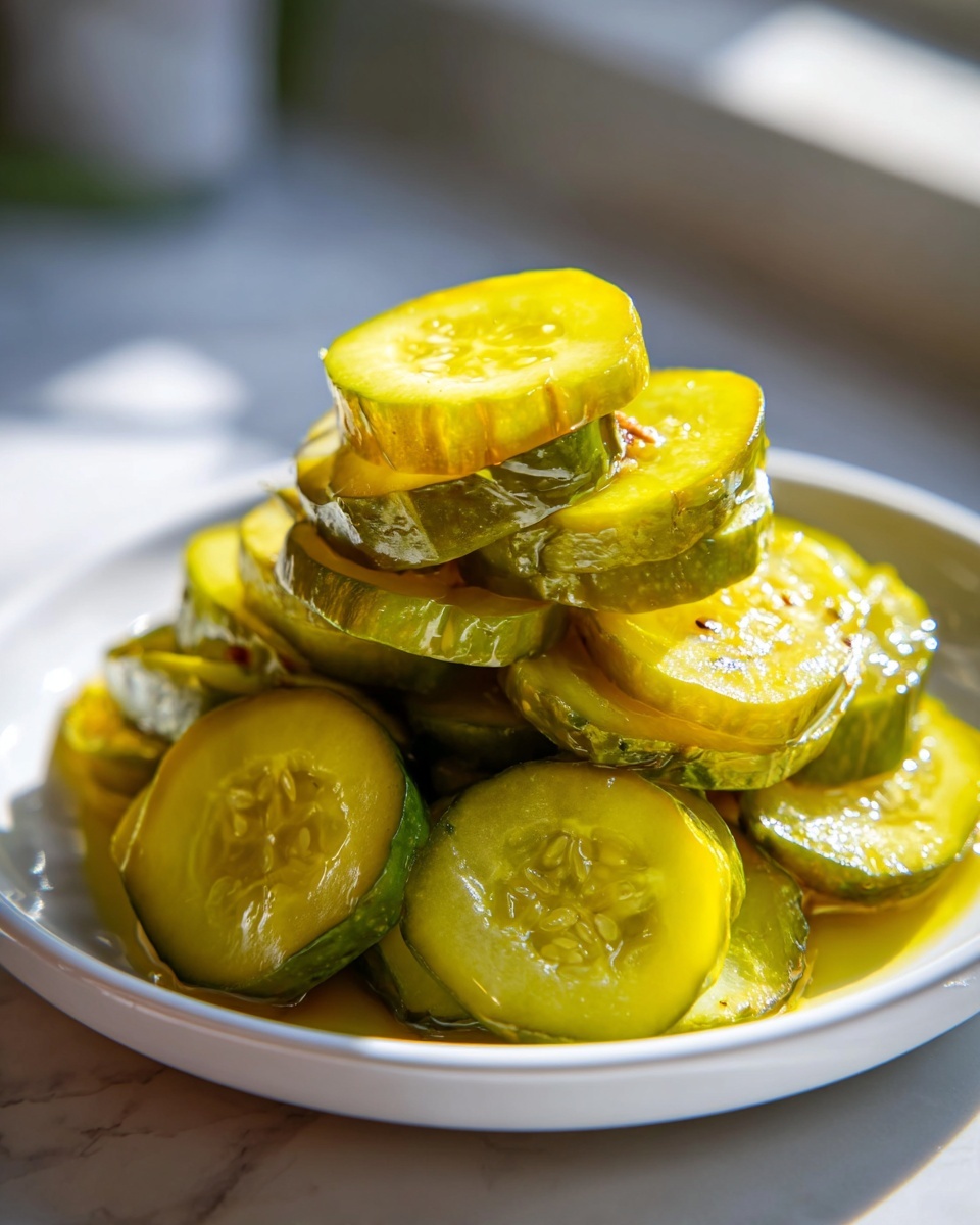 A close-up of a white plate piled high with shiny, sliced bread and butter pickle coins glistening in the light.