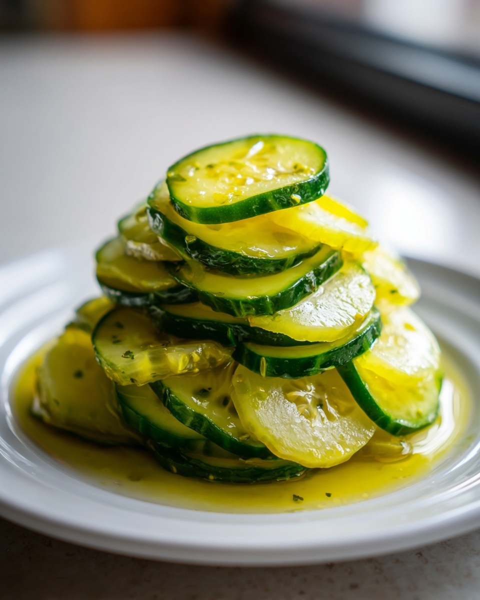 A tall stack of thinly sliced bread and butter pickle cucumbers glistening in their brine on a white plate.