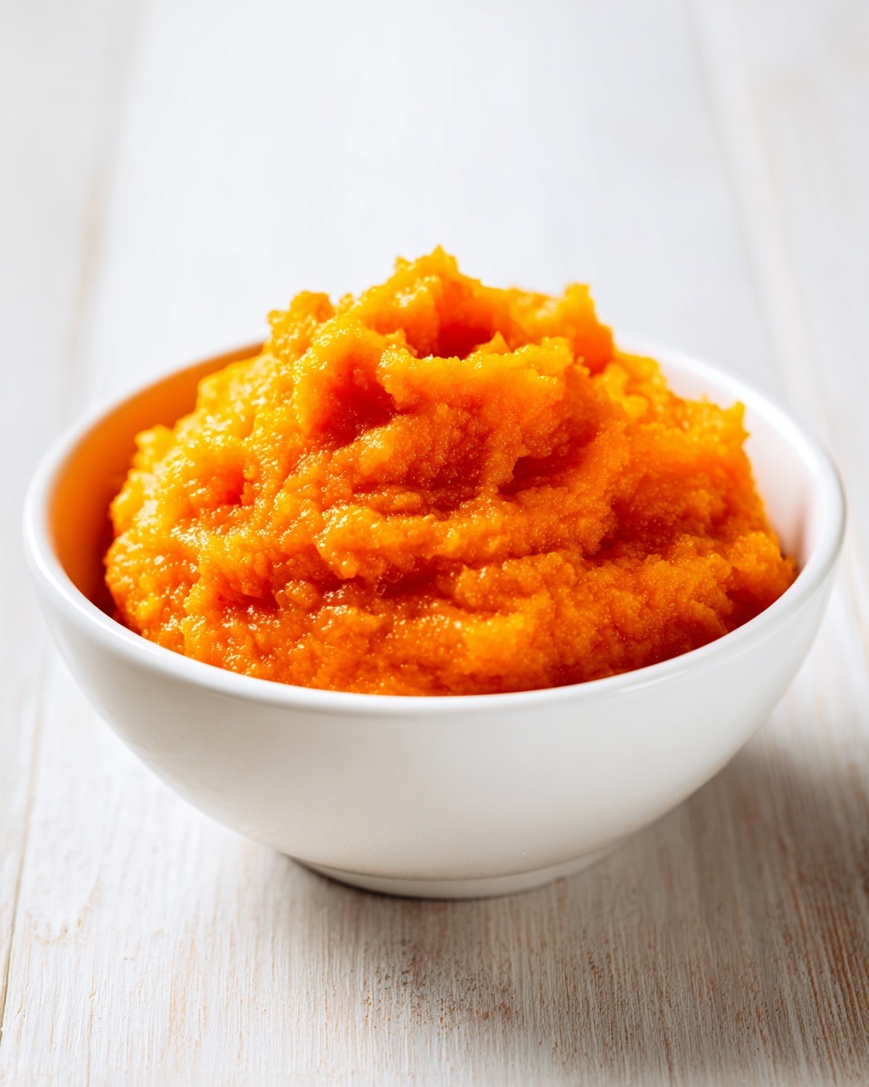 A white bowl filled with vibrant, thick pumpkin puree resting on a light wooden surface.