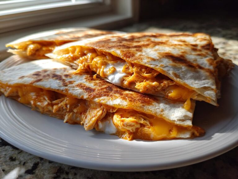 Close-up of golden-brown buffalo chicken quesadilla slices filled with shredded chicken, cheese, and sour cream.