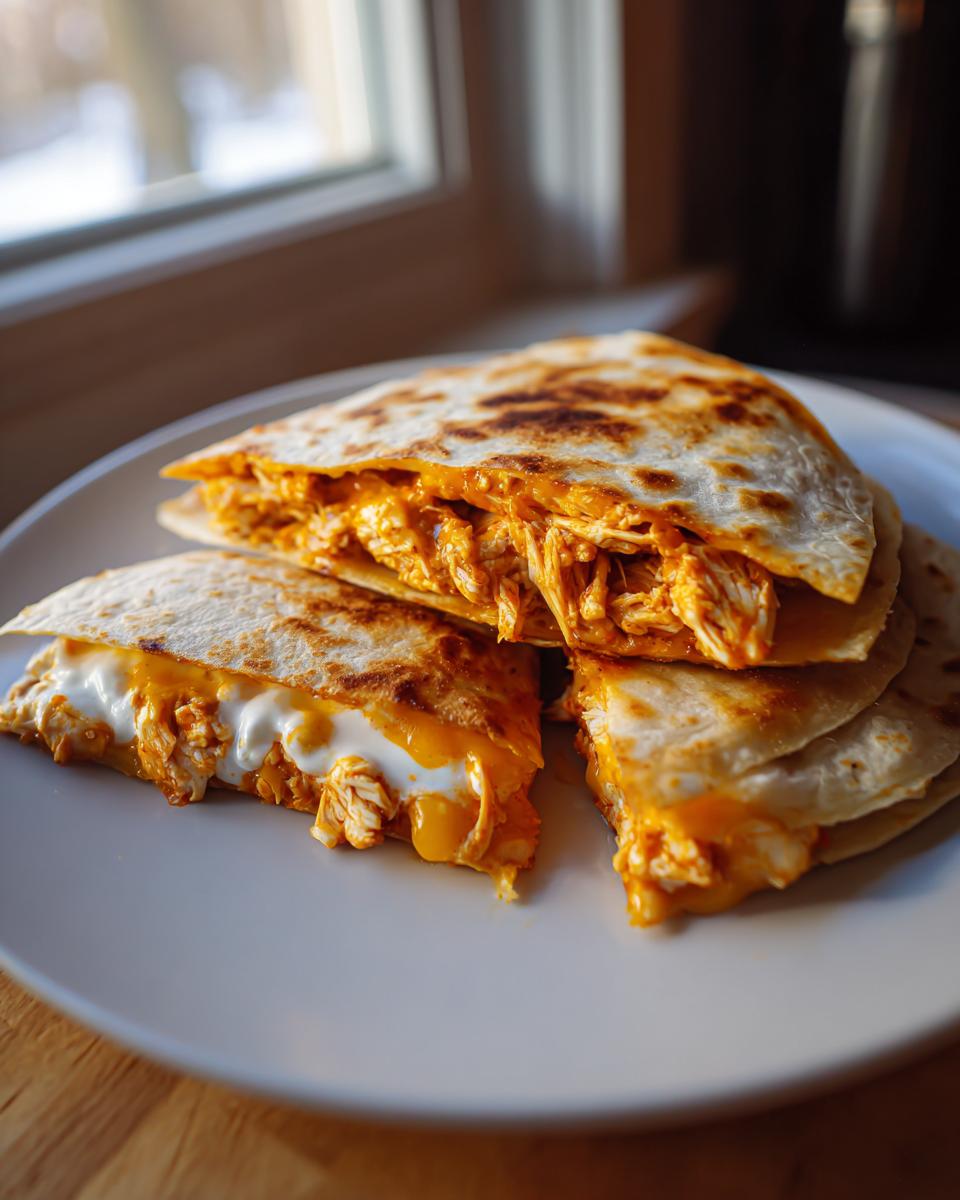 Close-up of cheesy, shredded buffalo chicken quesadilla wedges stacked on a white plate near a window.