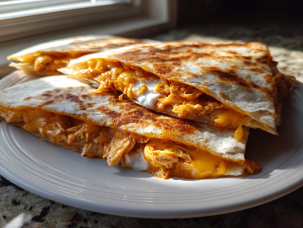 Close-up of golden-brown buffalo chicken quesadilla slices filled with shredded chicken, cheese, and sour cream.