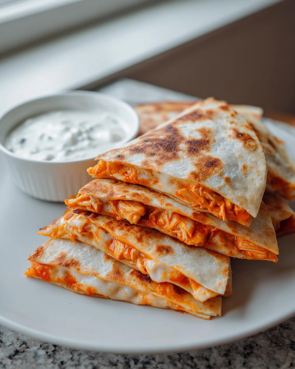 Stack of golden brown buffalo chicken quesadilla wedges filled with orange sauce and melted cheese, served with a side of blue cheese dip.