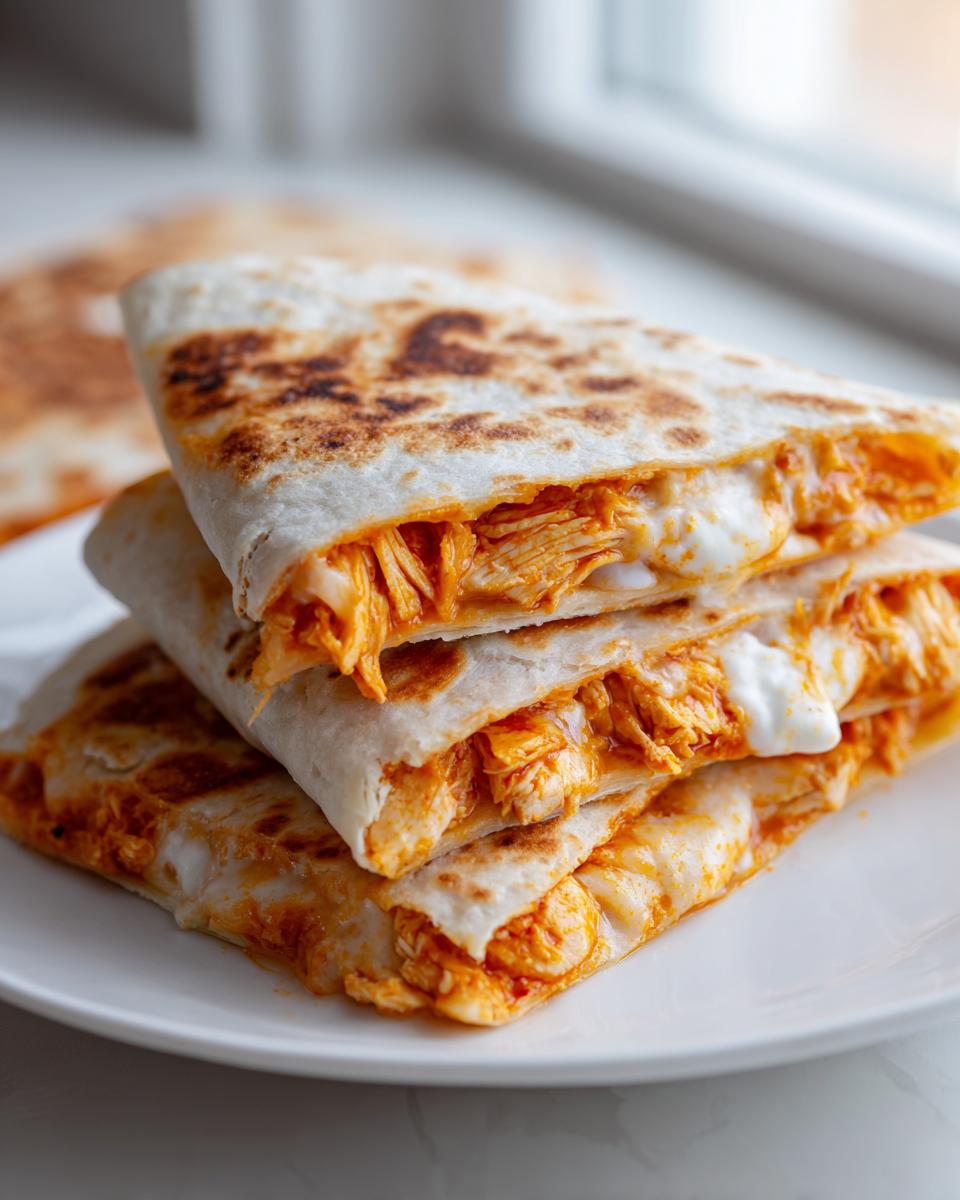 Three stacked wedges of a golden-brown buffalo chicken quesadilla oozing with melted cheese and orange sauce.