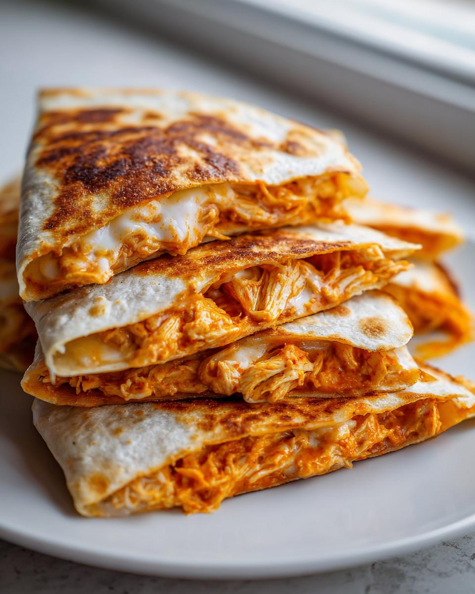 Close-up of stacked, golden-brown buffalo chicken quesadilla wedges oozing melted cheese and spicy shredded chicken.