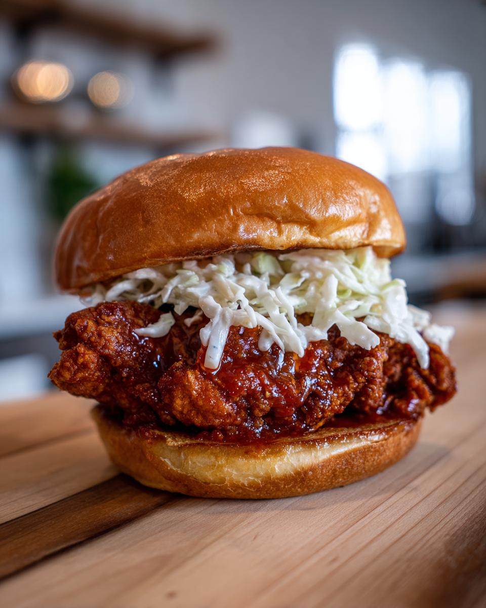 Close-up of a juicy buffalo chicken sandwich featuring crispy fried chicken, spicy sauce, and coleslaw on a brioche bun.