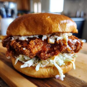 A close-up of a crispy, saucy buffalo chicken sandwich topped with creamy coleslaw on a brioche bun.